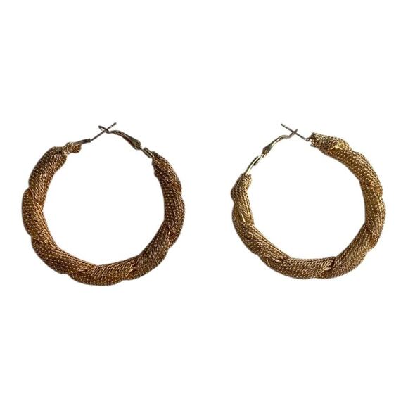 Warm Gold Tone Mesh Wrapped Hoop Earrings - Picture 2 of 4